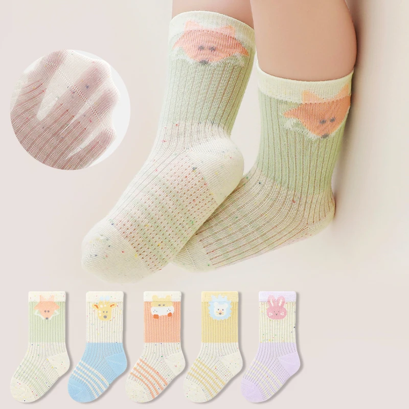 

3 Pairs Cartoon Animal Toddler Socks Hollow Out Mesh Candy Dot Breathable Long Newborn Socks Soft Cotton Mid Tube Infant Socks