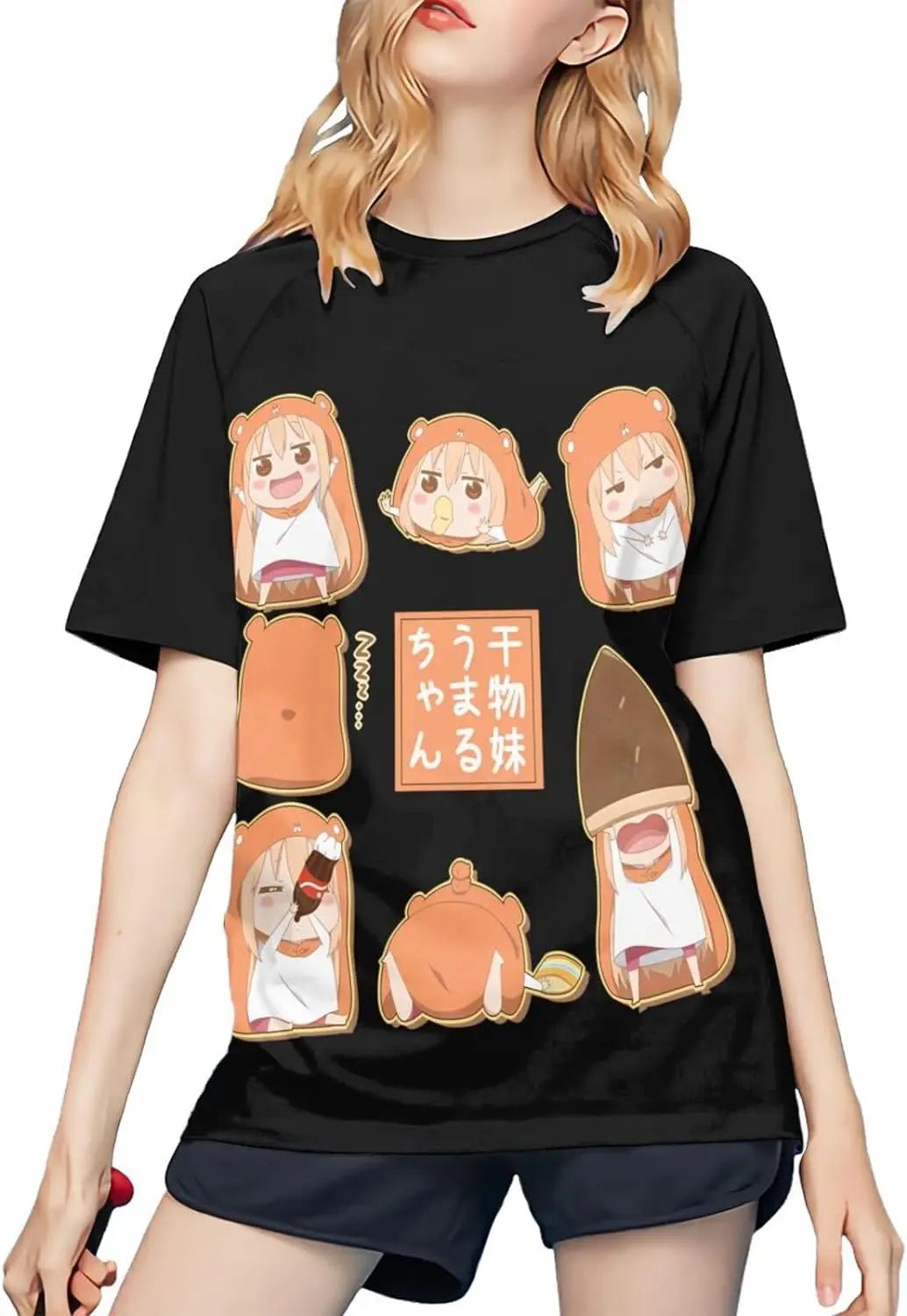 

Himouto Anime Umaru-Chan Shirt Women's Baseball Short Sleeved T-Shirt Polyester Color Blocking Tops Black