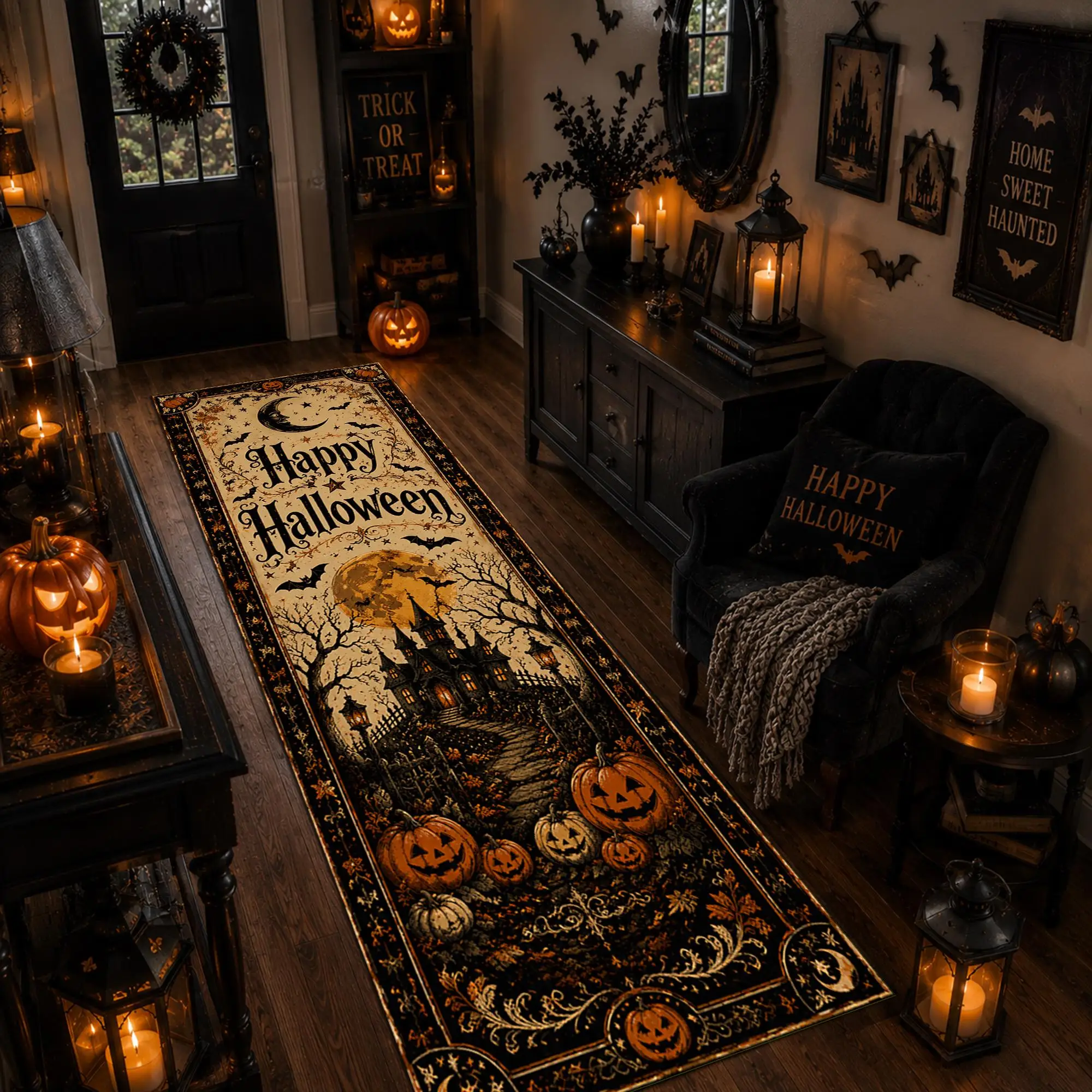 Happy Halloween Castle Pumpkin Border graphics Runner Rug,Corridor,Sofa Side,Entryway,Non Slip Runner Rug,Spooky Decor gifts