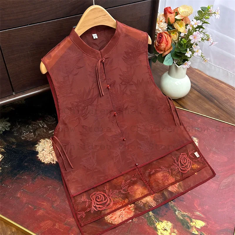 

Big Size 4Xl Tang Clothes Mesh Embroider Flower Chinese Vest Top Sleeveless Hanfu Costume Women Elegant Qipao Jacket Tank Top