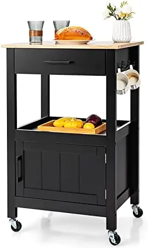 

Kitchen Cart with , Small Kitchen Island on Wheels w/Drawer, 3 , Rolling Trolley w/Wood Butcher Countertop, Door Cabinet, Servin