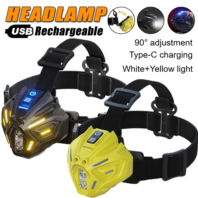 

Перезаряжаемый налобный фонарь с датчиком движения и белыми и желтыми лучами, светильник громкой связи для езды на велосипеде, бега, рыбалки, кемпинга