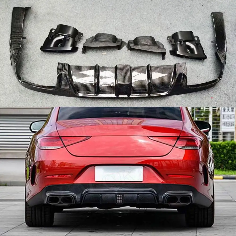 Carbon Fiber Rear Bumper Lip Diffuser with Light Exhaust for Mercedes Benz CLS Class C257 CLS260 300 350 450 CLS53 AMG 2019 UP