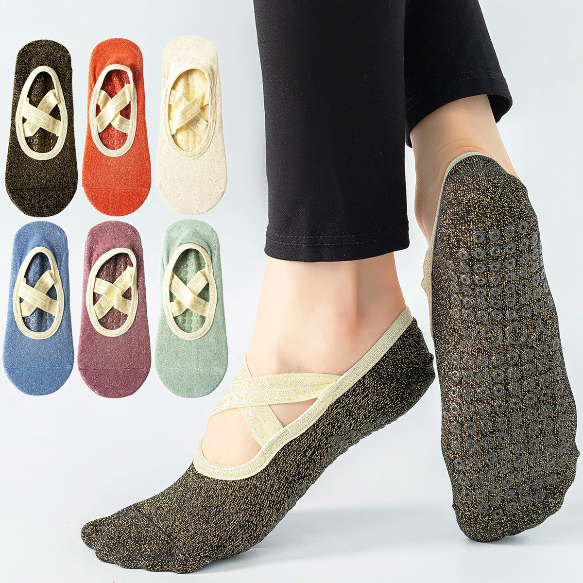 

Solid Color Bandage Backless Female Fitness Yoga Socks Pilates Ballet Socks High Quality Silicone Anti-slip Dance Sports Socks