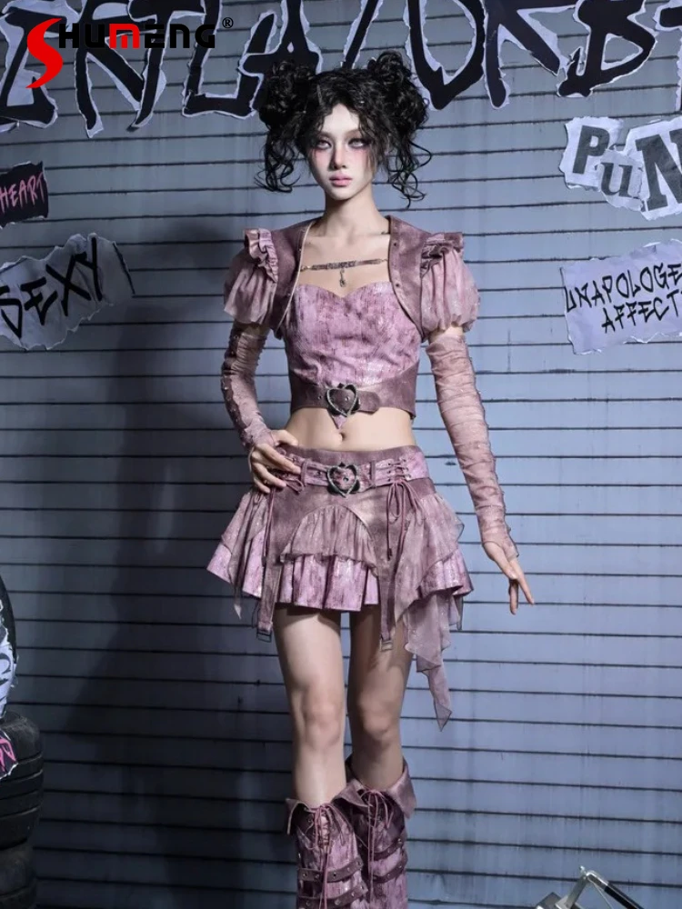 

Original Design Punk Sweet Cool Girls Skirt Set 2025 Sexy Heart Sing Vest Cardigan + Low Waist Short Skirt Gothic Women's Outfit