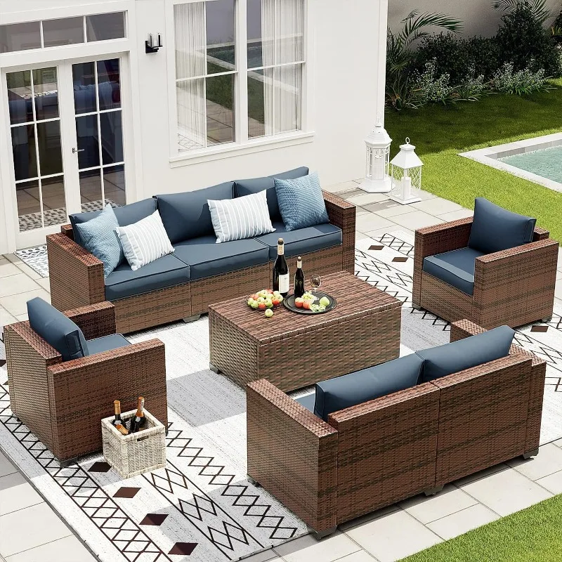 Wide Armrest Outdoor Patio Furniture Set, 5 Piece Patio Sectional Sofa with Storage Table for Backyard