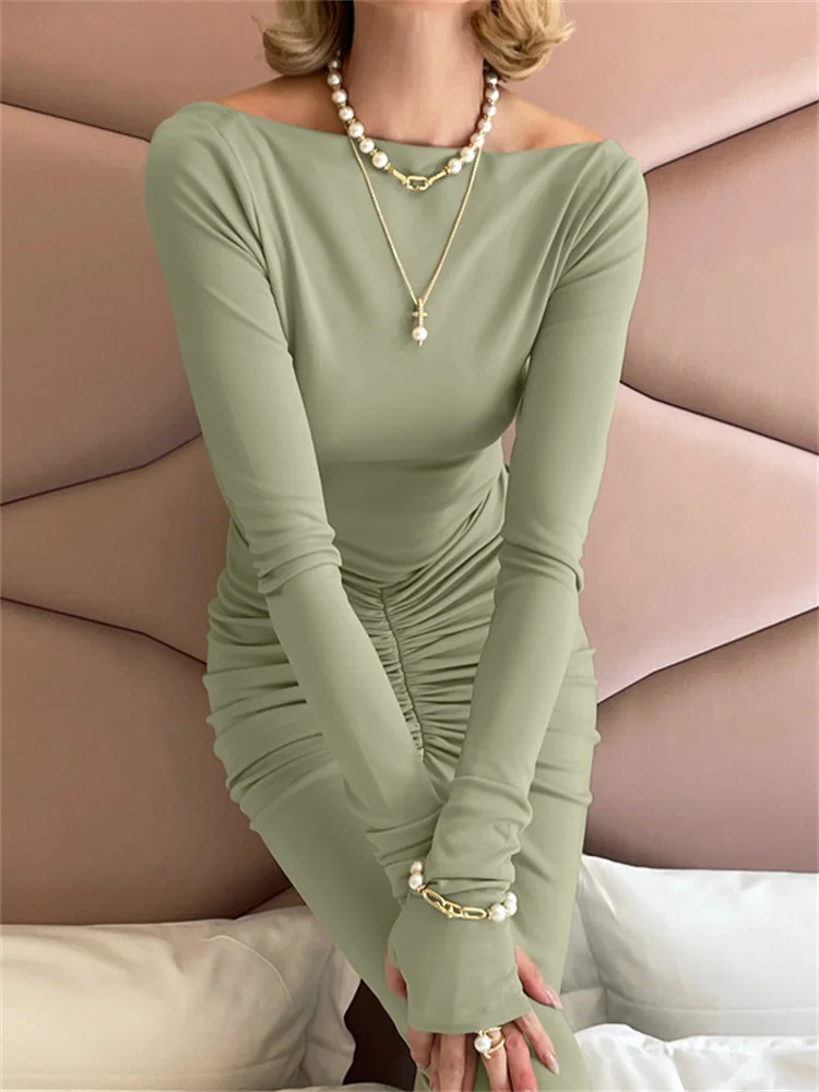Tossy Pleated Slim Fashion Long Dress For Women High Waist Patchwork Long Sleeve Solid Bodycon Dress Female Party Dress 2024 New