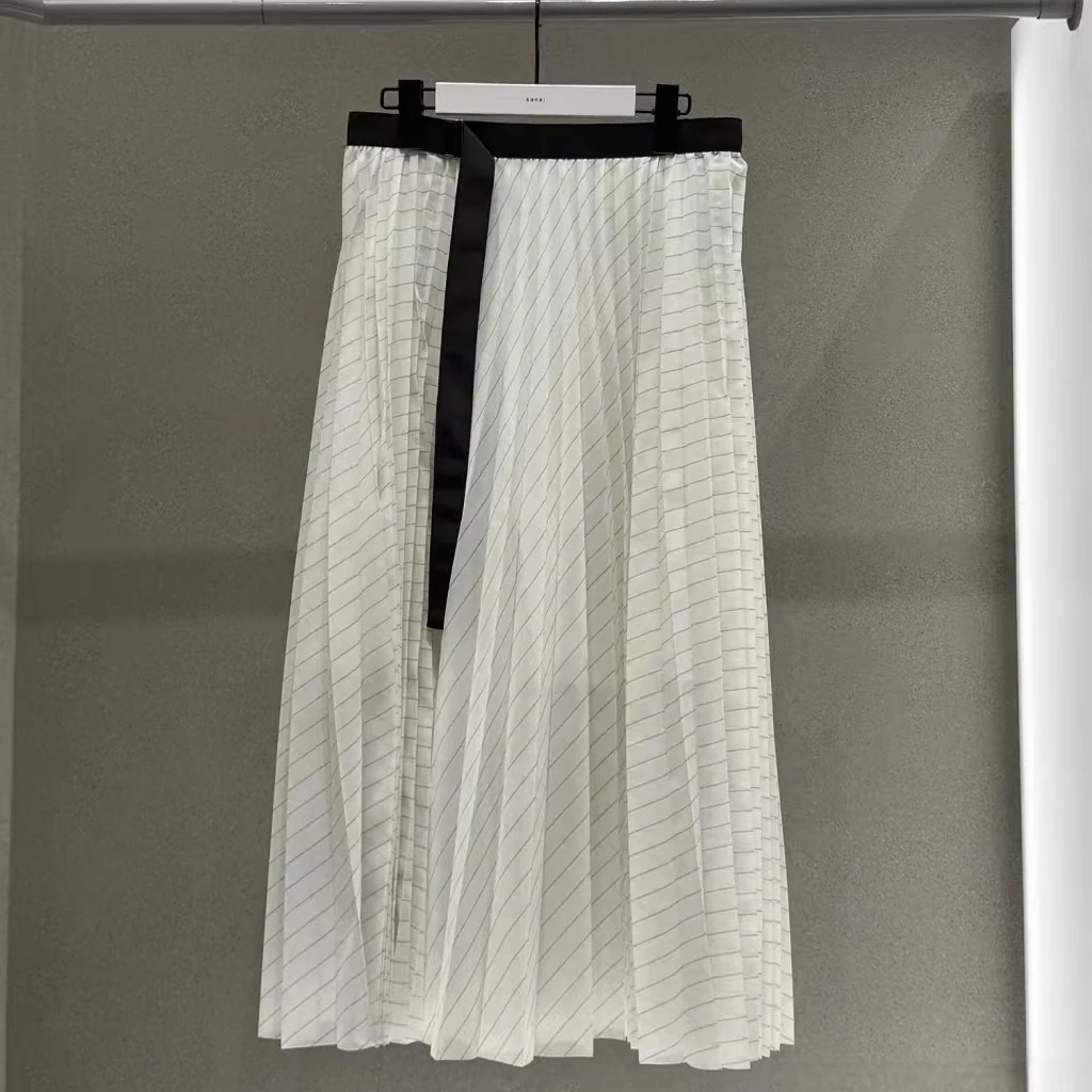 

Slimming Effect f-length Skirt with Pleats Belted Stripe Splicing Japanese Sle Women's Casual Spring Summer New Arrival