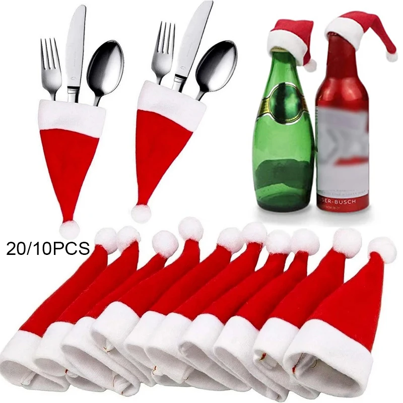 20/10Pcs Red Christmas Hat Fork Knife Holder Bag Santa Cap Tableware Cutlery Cover For Xmas Home Wine Bottle Decor New Year Gift