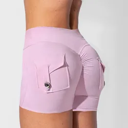 Short de yoga taille haute en nylon avec bouton froissé pour femme, leggings de sport actif, butin, cyclisme, jogging, fitness, squat verde, gym, S-XL, 2024