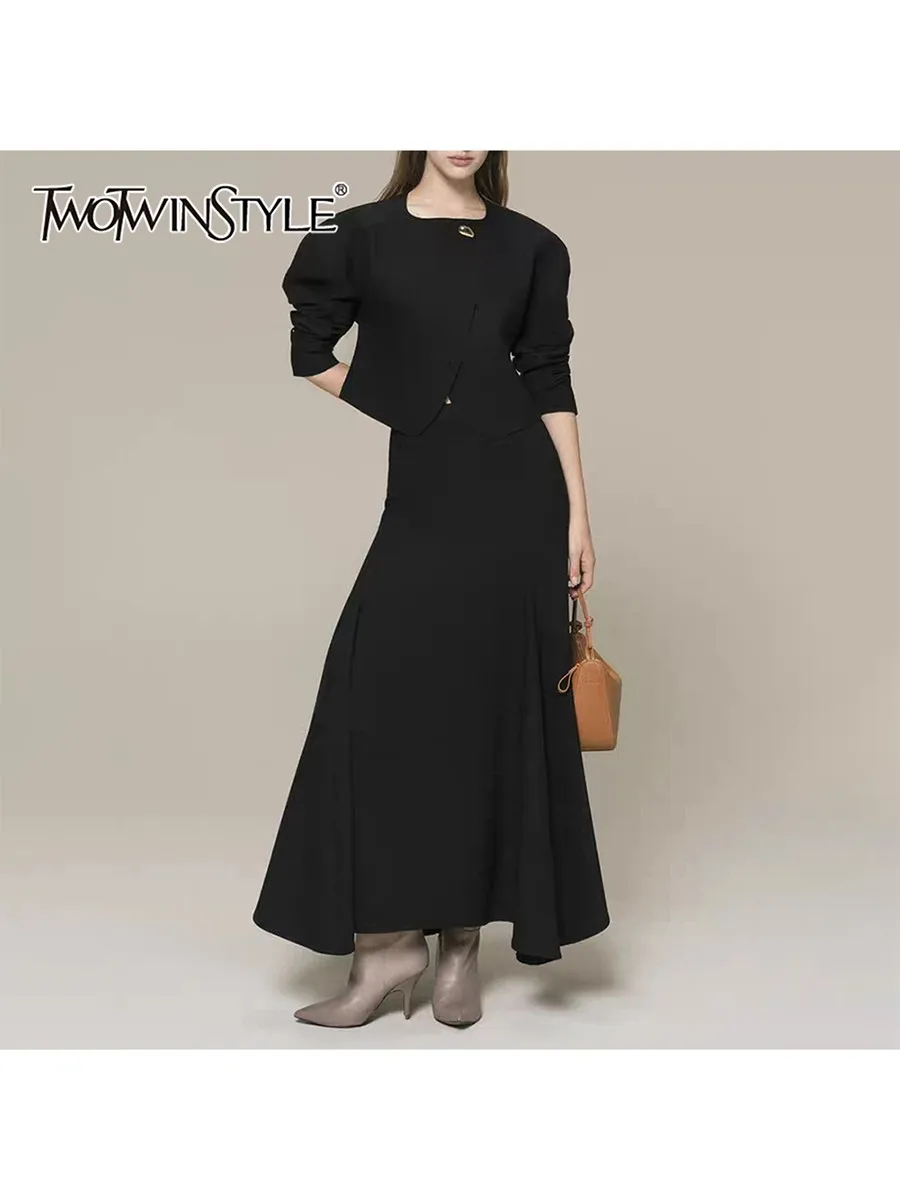

TWOTWINSTYLE Patchwork Button Two Piece Sets for Women O Neck Long Sleeve Top High Waist A Line Skirt Solid Set Female Fashion