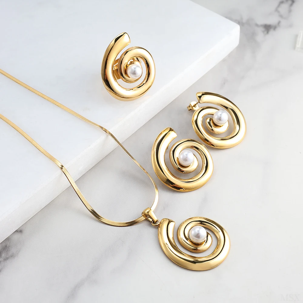 Simple Geometric 18K Gold Plated Stud Earrings Stainless Steel Fashion Women's Necklace Ring Pearl Jewelry Set