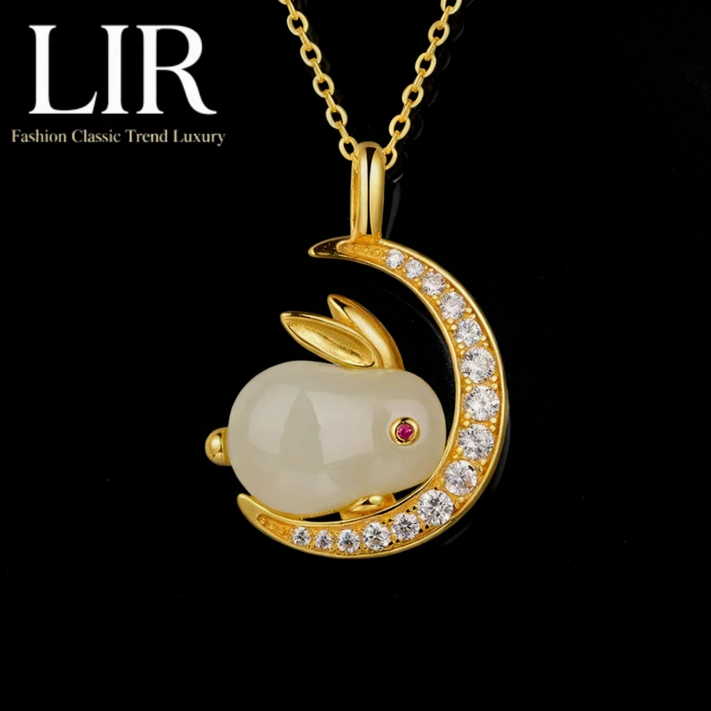 

LIR S925 Silver Necklace: Natural Hetian Jade "Auspicious Moon Rabbit" Pendant | Sparkly AAA Zircon + Jewelry Cert