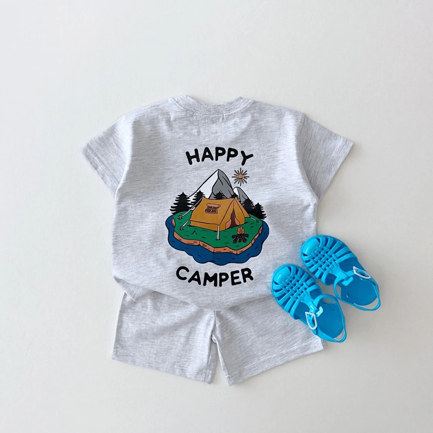 Korea Summer Set Baby Boy Two Sided Print Camper T-shirt Tees Tops+Cotton Shorts Kid Sports Suit Bebe Baby Girl Clothes Outfits