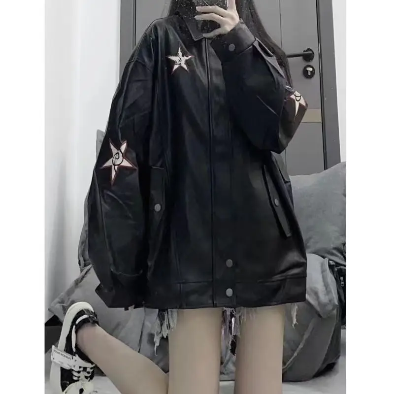 Vintage Women Leather Jacket Stars Embroidery Bomber Jacket Oversized Streetwear Moto PU Outerwear Korean Style Leather Coat