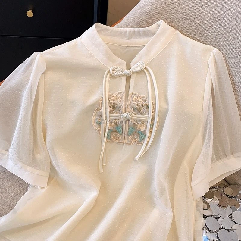 2024 new chinese style embroidery chiffon shirt women spring summer fashion short sleeve elegant daily tang suit top blouse w847