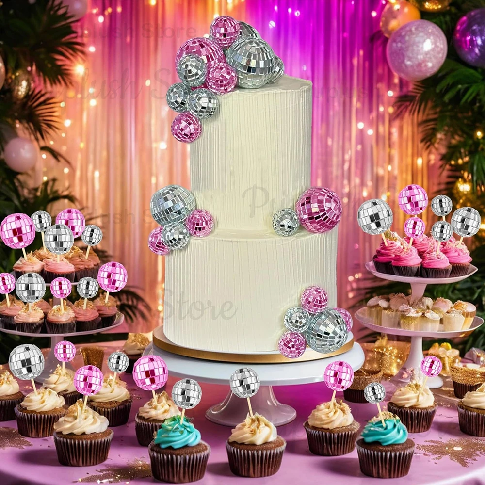 34-teiliges Disco-Kugel-Cupcake-Topper-Set, Spiegel-Silber, Gold, Pink, 70er Retro Kuchendekoration für Disco-Themen-Geburtstagsfeiern – Detail 17