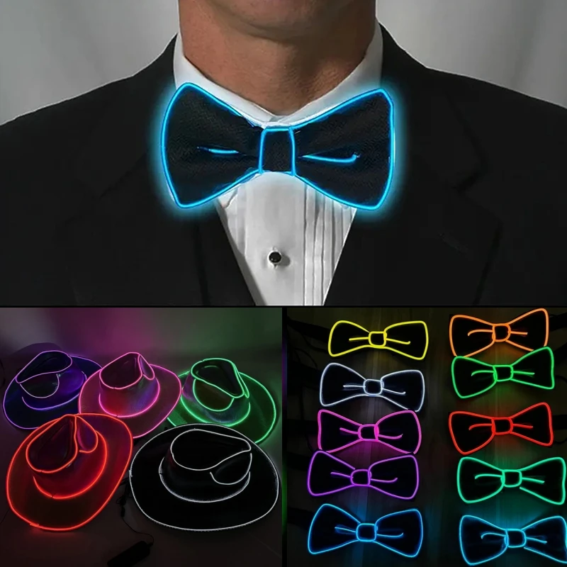 Rave Glowing Light Up Bar Cowboy Hat Bow Tie LED Luminous Bride Cowgirl Cap Bachelor Party Props Neon Hat Festival Supplies