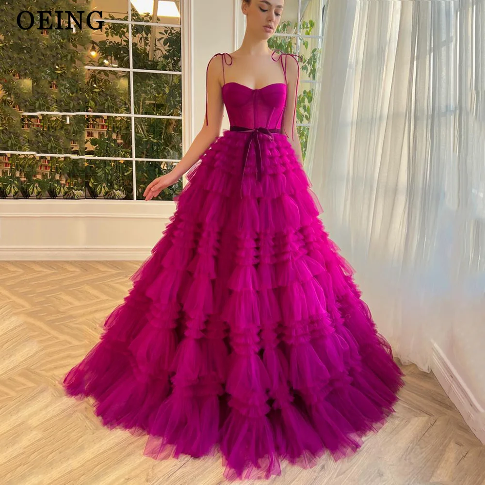 OEING Fucsia A-Line Prom Dresses, cinta princesa Spaghetti, tule decote V, vestido de noite em camadas, vestido formal, fada