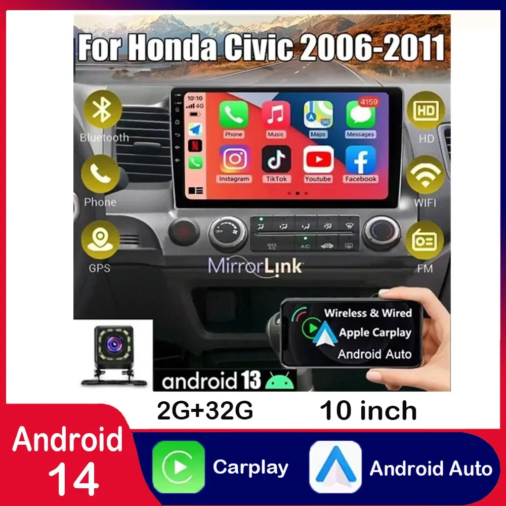 لـ 2006-2011 Honda Civic Android 14 نظام ملاحة داخل السيارة 10 بوصة نظام مدمج مع CarPlay Android Auto/2+32G #1