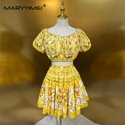 MARYYIMEI Fashion Women's Suit New Vintage Short sleeved Short Top+Mini Short skirt Baroque Printed Cotton Two piece set