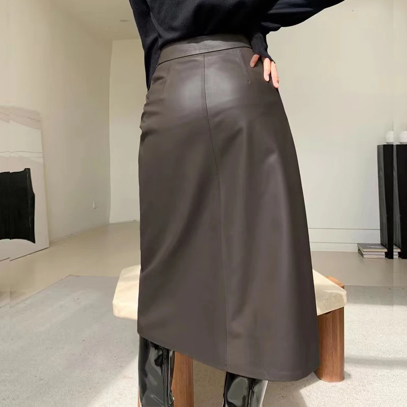 Spring New Genuine Leather Skirt For Women High Sense Vintage A-line 70 cm Jupe Longue Femme Simple Maxi Apricot Black Etekler