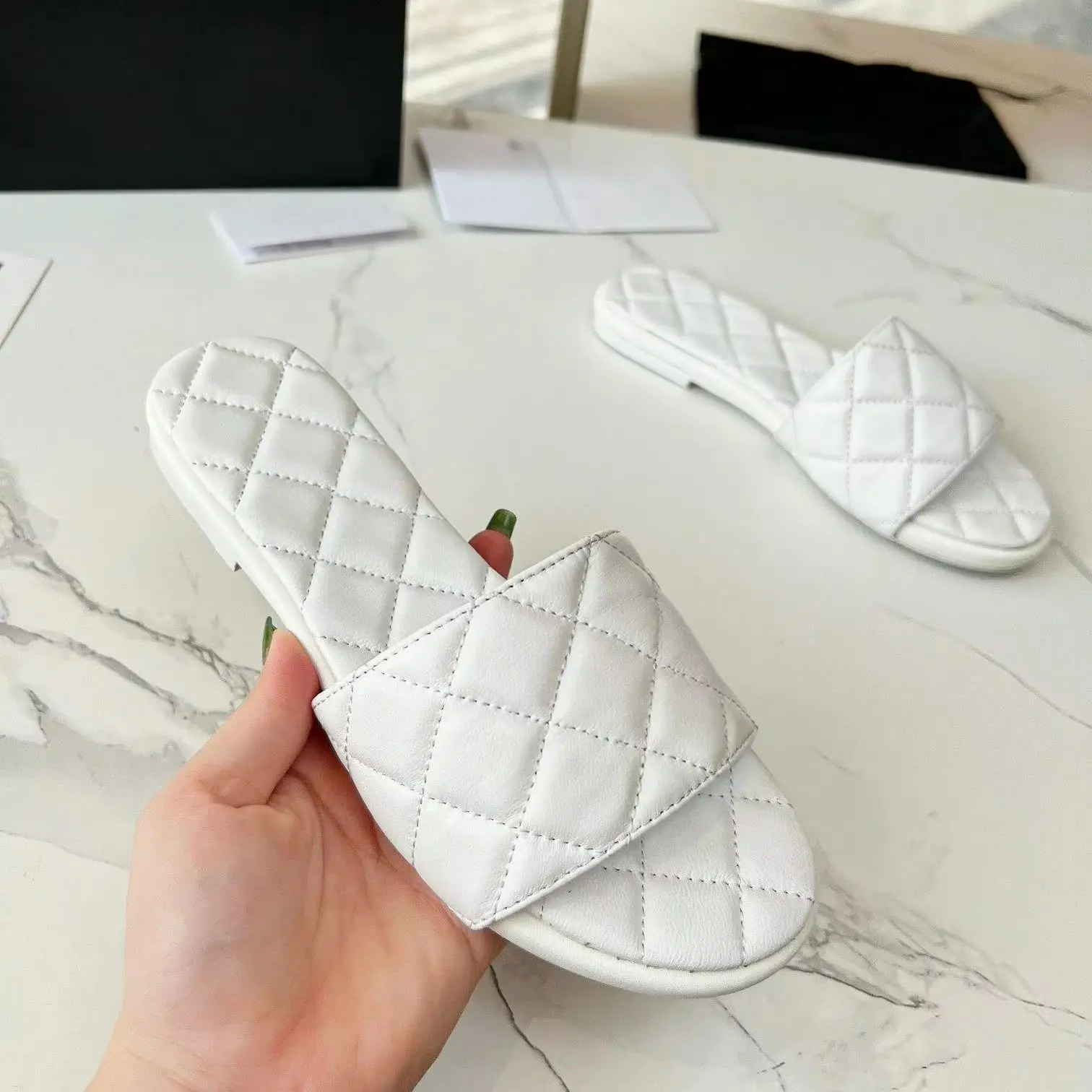 White Quilted Flat Slide Sandals Women Leather Summer Slip On Slippers