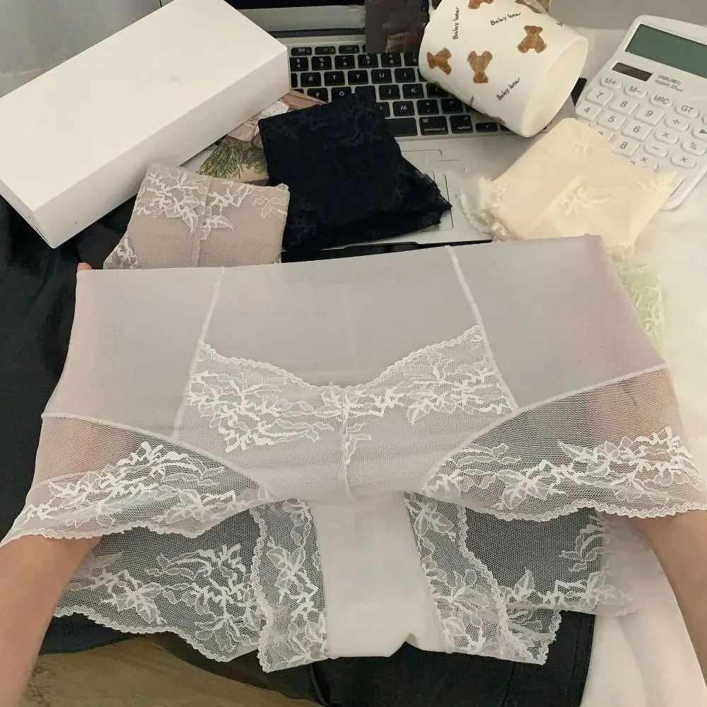 

Soft Sweet Lace Mesh Panties Thin High Waist Ice Silk Briefs Underpants Tummy Control Seamless Underwear Women Daily