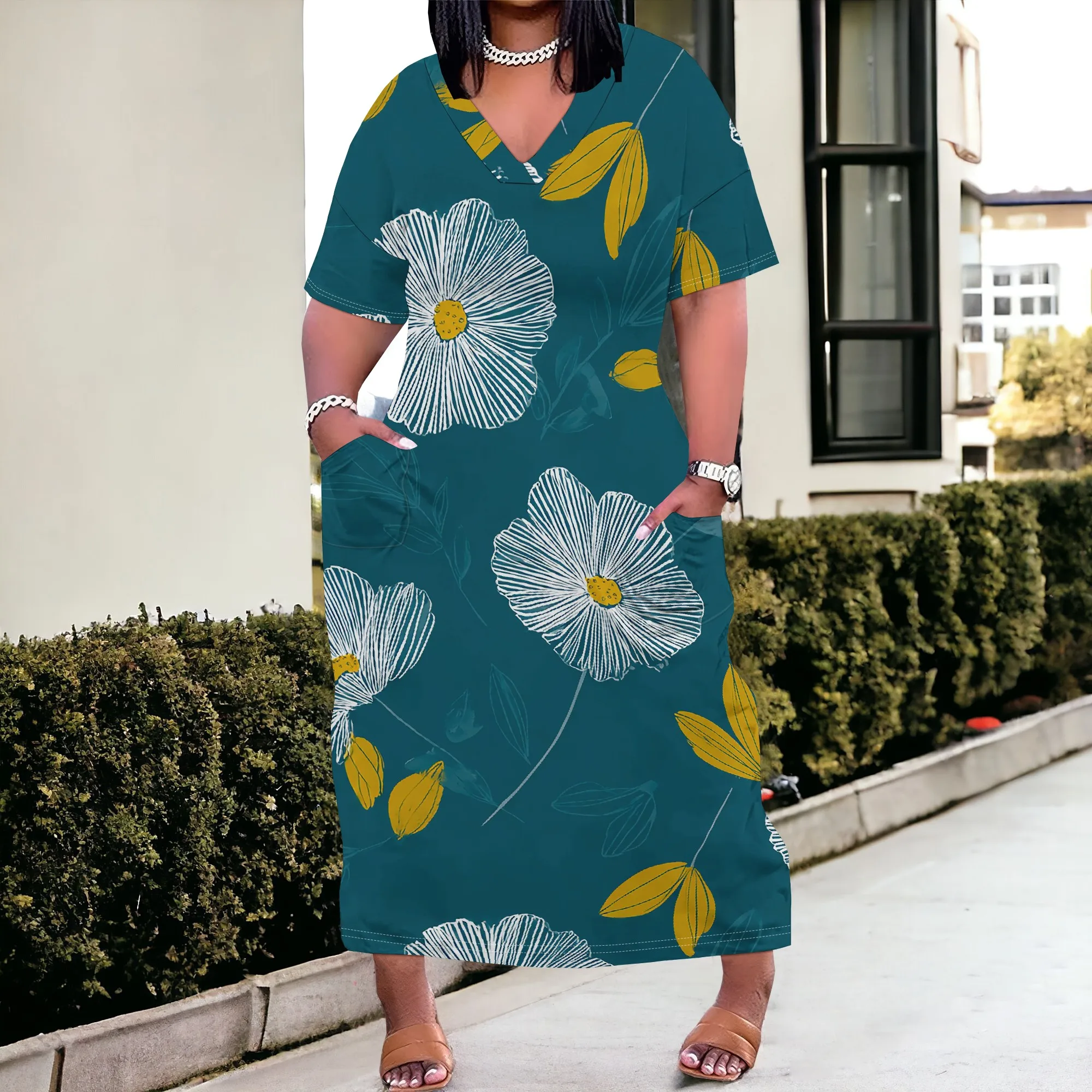 

Women's Plus Size Floral Leaf Print Maxi Dress - V-Neck Short Sleeve Loose Fit - Summer Casual & Boho Vacation