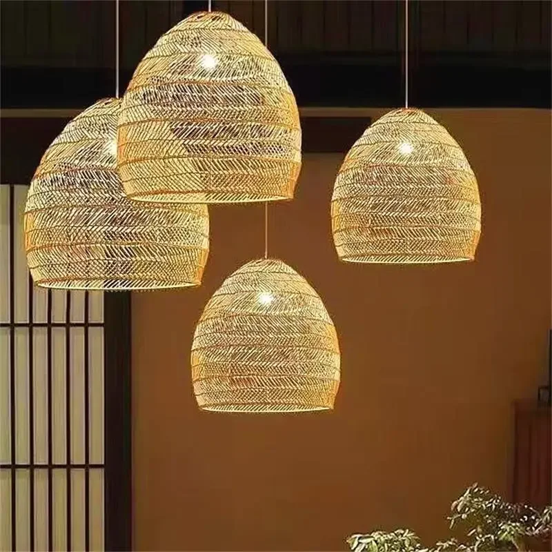 2024 New Handmade Vine Weaving Chandelier Restaurant Tea House Light Homestay Hot Pot Shop Bamboo Lantern Retro Led Pendant Lamp