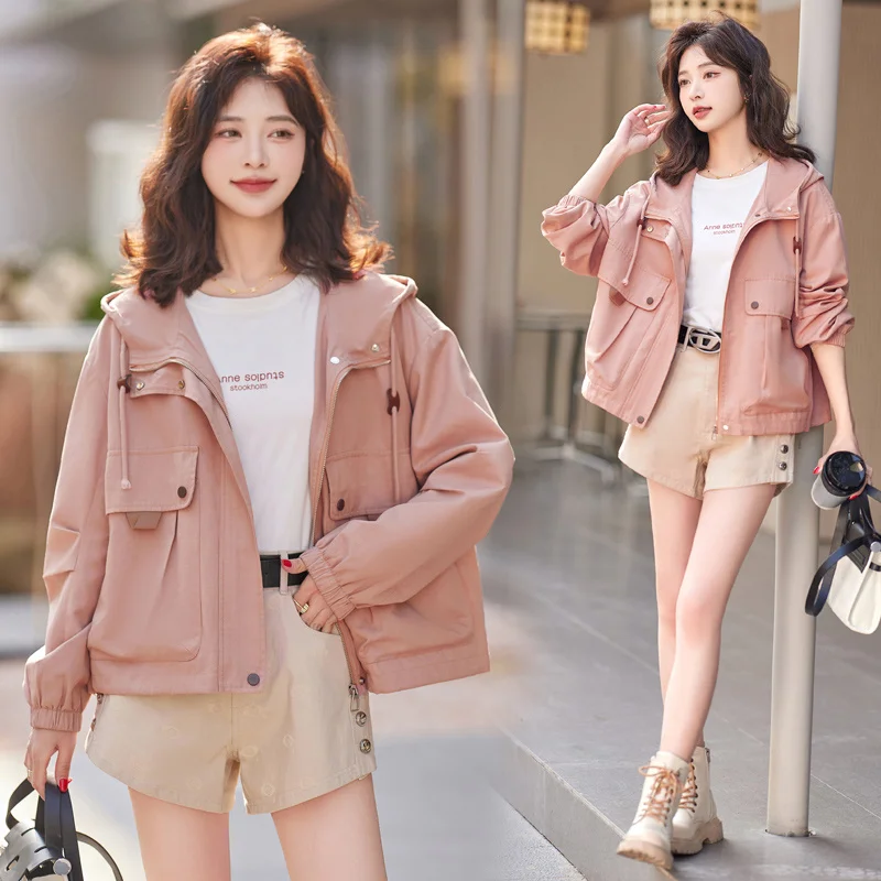 Pink Short Jacket For Women\'s Spring Autumn 2024 New Fashion Loose Casual Versatile Hooded Work Jacket Top With Lining Outwear