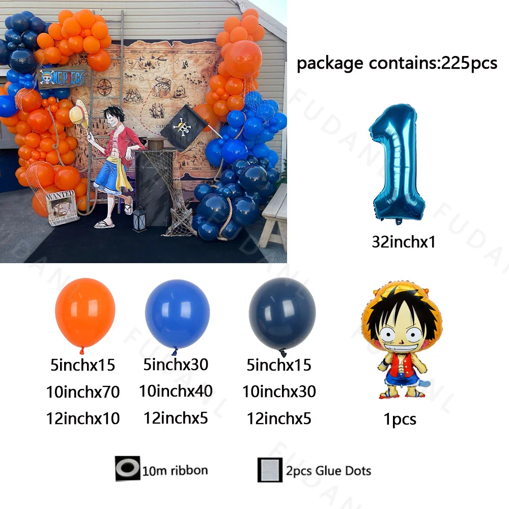 225pcs Anime One Piece D.Luffy Themd Balloon Set Orange Blue Latex Ball Boy Happy Birthday Party Decoration Surprise Kids Gifts