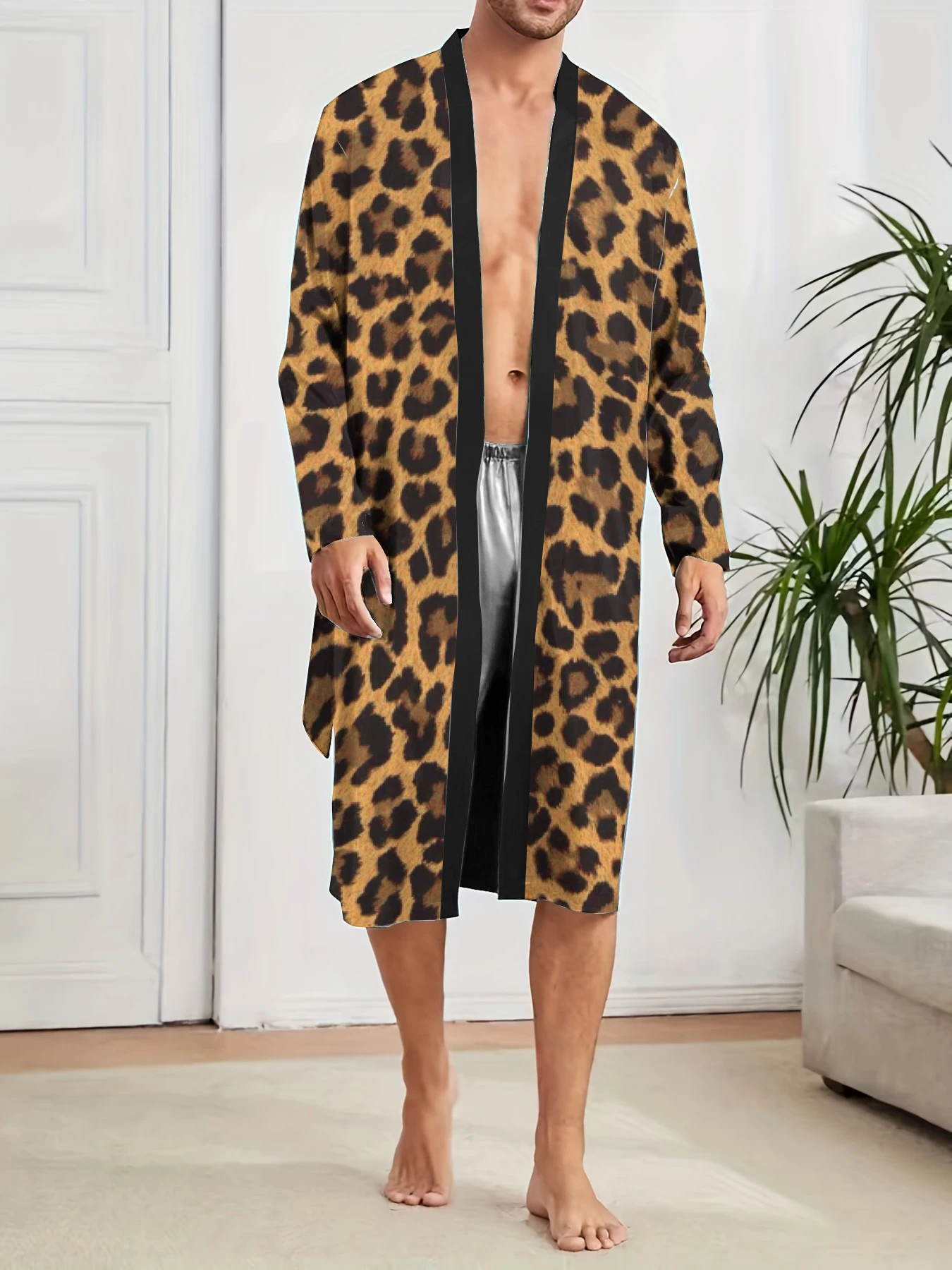 

Men's digital printed leopard print spring and autumn thin style quick drying medium long sleeved summer air-conditioned pajamas