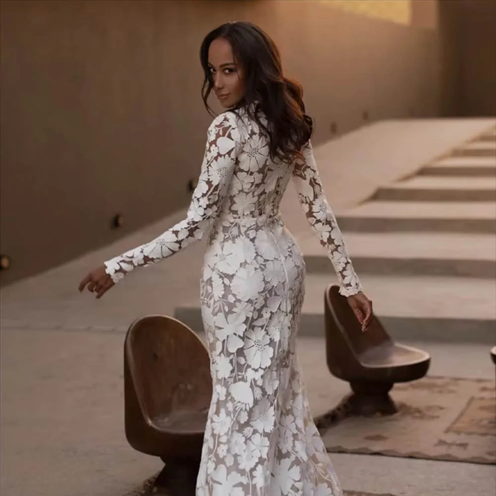 カスタマイズされた高級ハイネックウェディングドレス、女性用花嫁、花柄アップリケレース、シースロングスリーブブライダルガウン