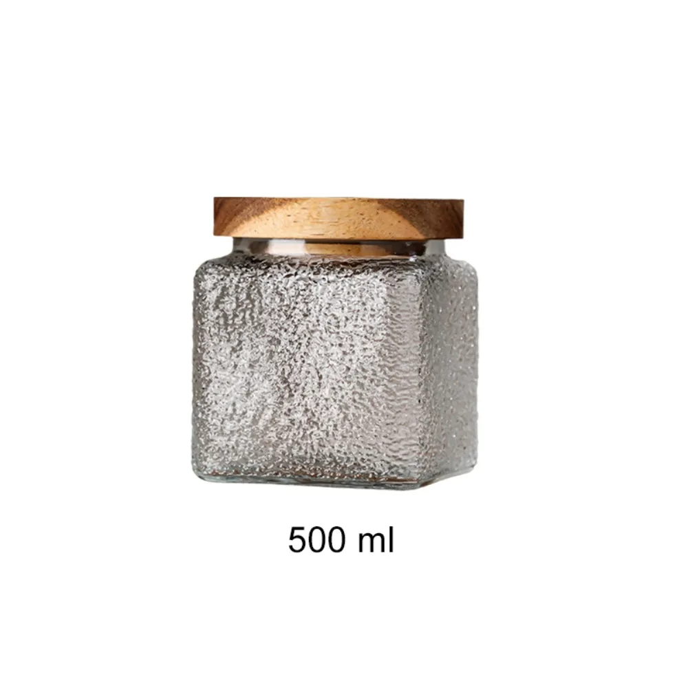 Vintage Embossed Glass Storage Jar Wood Lid Moisture-proof Kitchen Glass Bottle Sealed Transparent Mason Jar Coffee Bean