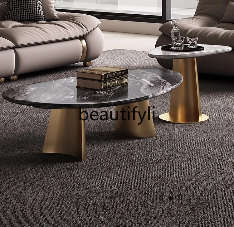 

High-end Modern Italian Style Coffee Table Marble Large Flat Stainless Steel Oval Living Room Home Use