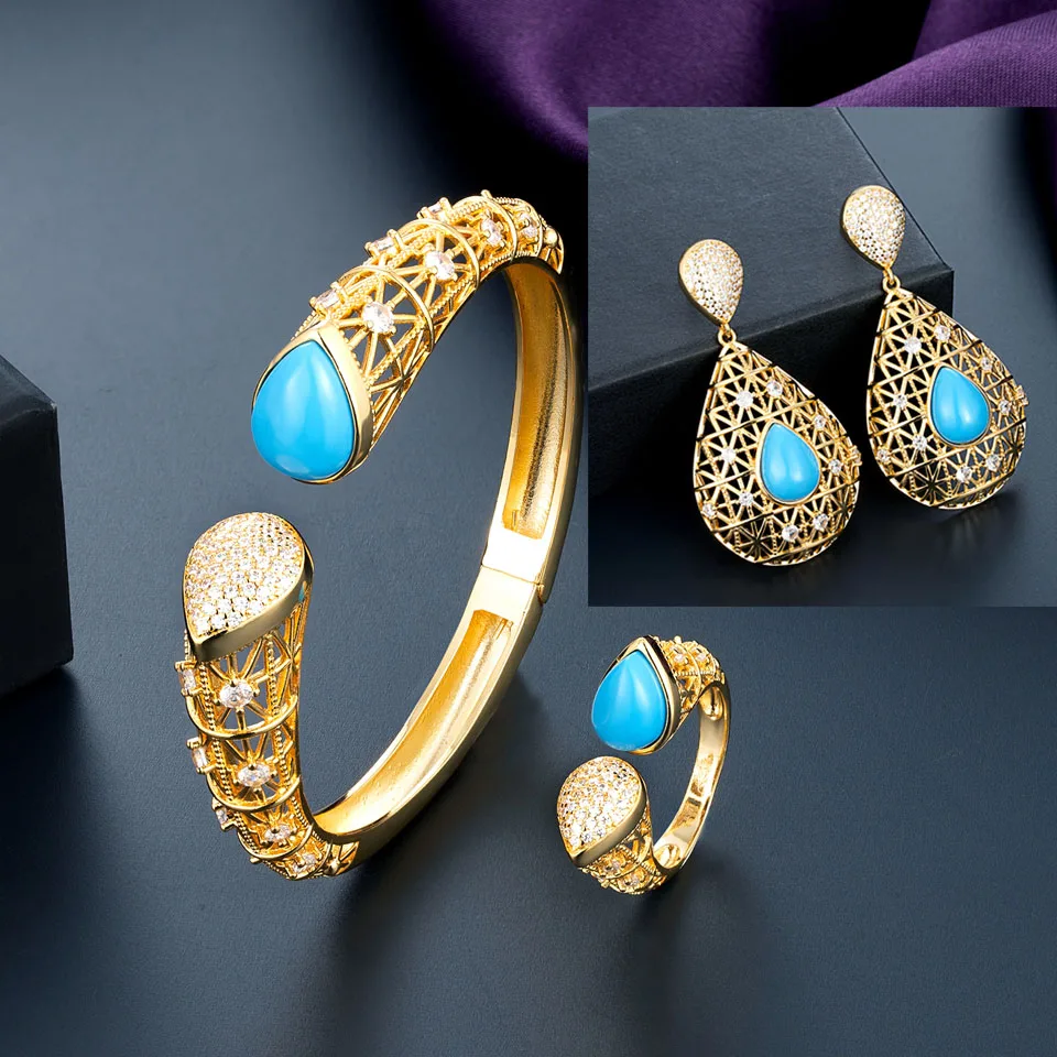 

Zlxgirl Dubai Gold Design Bangle Ring Earring jewellery set Natural stone bracelet aneis Ear fine Women Gold bridal jewelry set