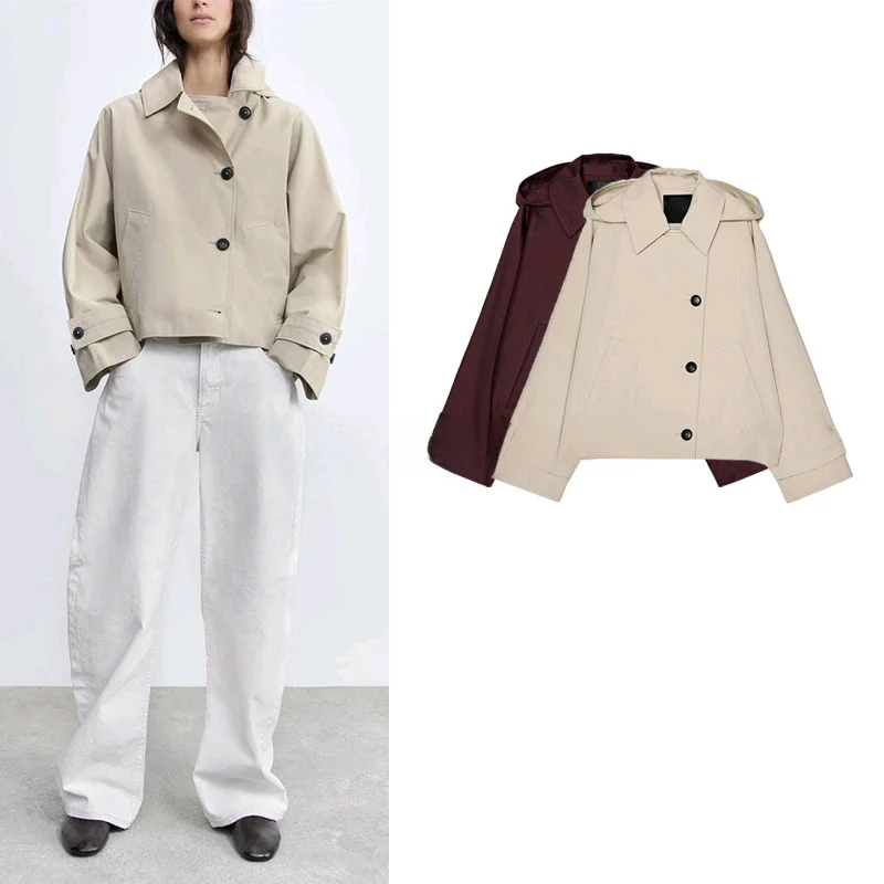 Chaqueta Corta de Manga Larga Estilo Murciélago con Cuello Deco con Botones, Versátil e Informal para Mujer, Primavera Ve...