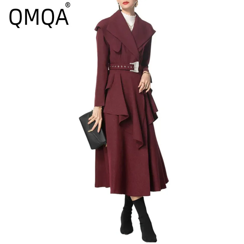 QMQA moda mujer sólido empalmado cinturón adelgazante gabardina solapa manga larga doble botonadura elegante rompevientos mujer 1A816