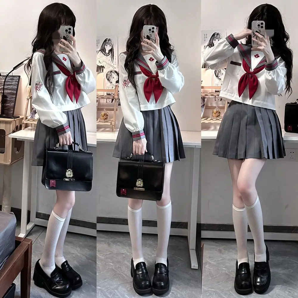 Terno de marinheiro japonês para mulheres e meninas, uniforme escolar, saia plissada fofa, traje Anime COS, cinza e branco, menina da escola coreana JK