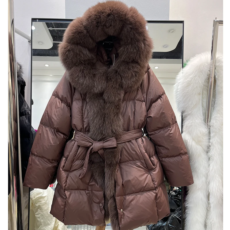 معطف نسائي من Ele بياقة من الفرو أسفل Jaet متوسط الطول وحزام للخصر معطف دافئ للتنقل Sle #4