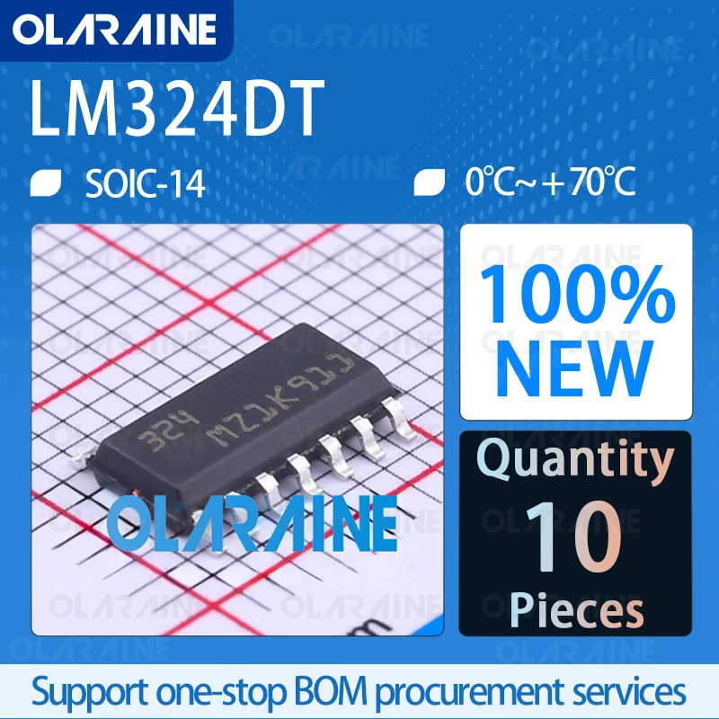 10Pcs LM324DT SOIC-14 Operational Amplifiers - Op Amps 1.3 MHz 4 Channel 400 mV/us IC chip circuit controller processor senso