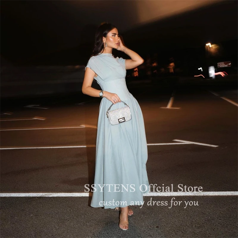 SSYTENS Elegant Dubai Evening Dresses O Neck Cap Sleeves Homecoming Prom Gowns Soft Satin Party Dresses Tea Length Abendkleider