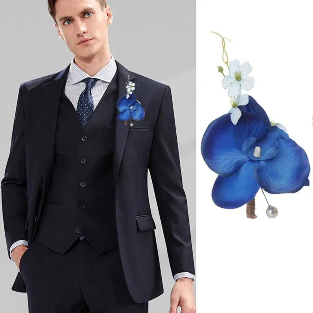 Groom Brooch Pastoral Orchid Realistic Flower High-end Stainless Faux Pearl Pins Best Man Wedding Corsage Jewelry Accessories