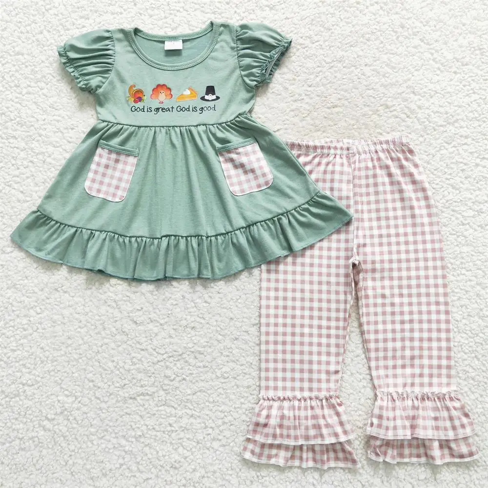 Wholesale Baby Girl turkey Pumpkin Pie Set Green Cotton Pocket Tunic Plaid Pants Infant Children Kid Toddler Thanksgiving Outfit