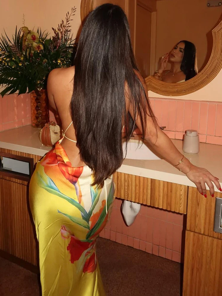 Floral impressão sexy rendas sem costas vestido feminino ruched gola balanço sem mangas robe férias tendência praia festa outfits