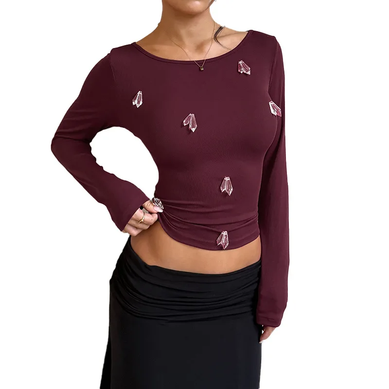 Pure Desire Spicy Girl YL25330 Long Sve Slim Fit Knitted Top with 3D Diamo Autumn New Sle Women's Faion Top