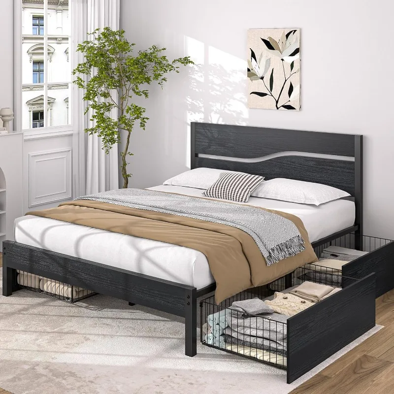 Full Size Platform Bed Frame with Wood Headboard, Solid and Strong Metal Support, No Box Spring Needed