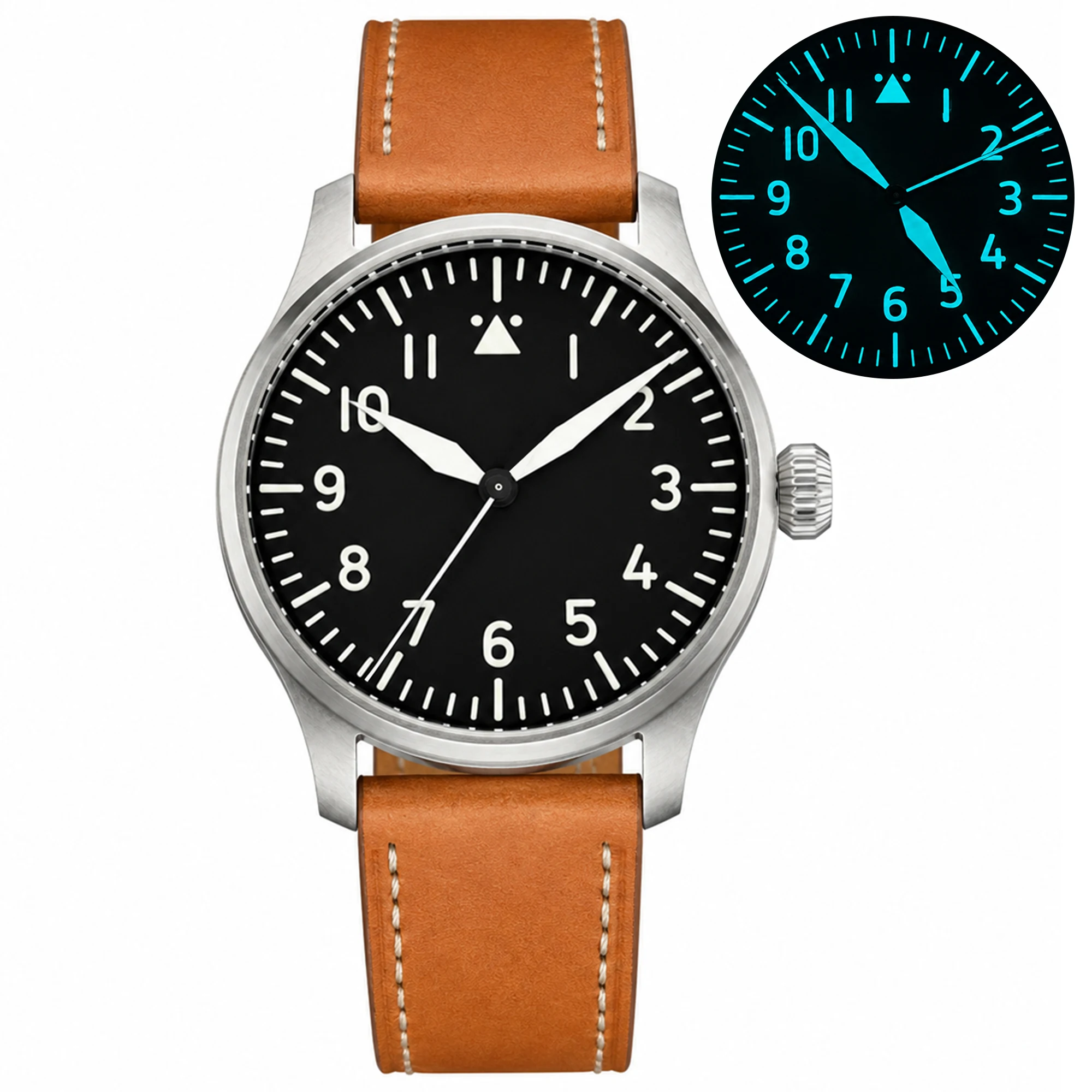 HRUODLAND Men's Automatic Watch Pilot 40mm Mechanical PT5000 Sapphire BGW-9 Luminous 10ATM Leather Strap Retro Aviation Style