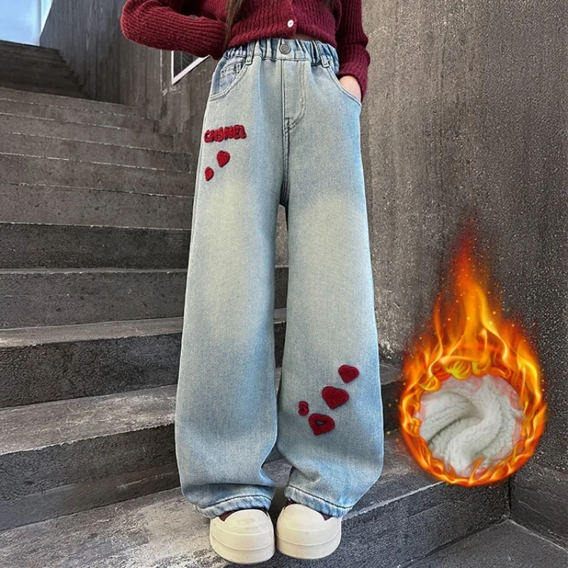 Winter 4-14 Jahre Mädchen Jeans UNITIM Fleece Dicke Kinder Mädchen Denim Hosen mit Liebe-Tasche Teenager Mädchen Integrierte Gerade Hosen – Detail 3